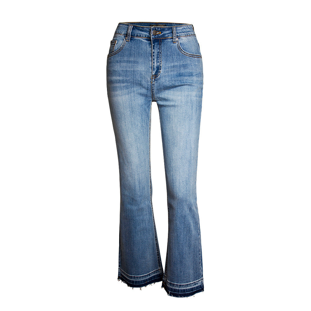 Jean bootcut élastique délavé, ample, jambe large, longueur cheville, pour femme