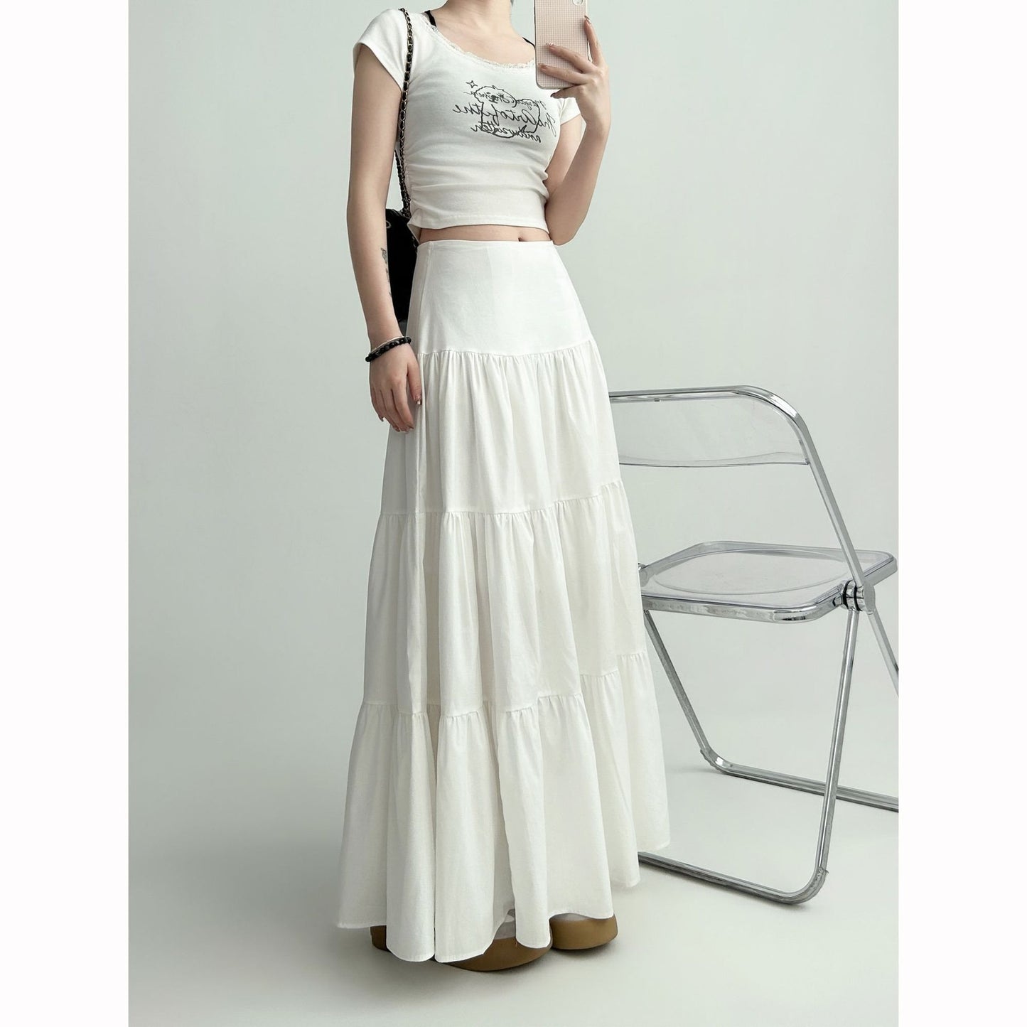 Gentle Cake White Skirt Women's Spring And Summer Big Hem Umbrella Skirt Pleated Slightly Fat Mid-length