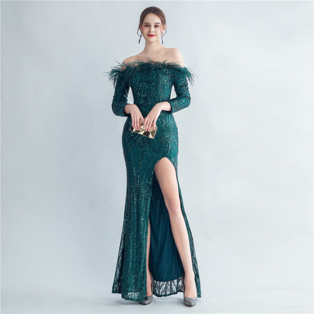 High-density Ostrich Feather Sequins Off-shoulder Long Sleeve Fishtail High-end Evening Dress