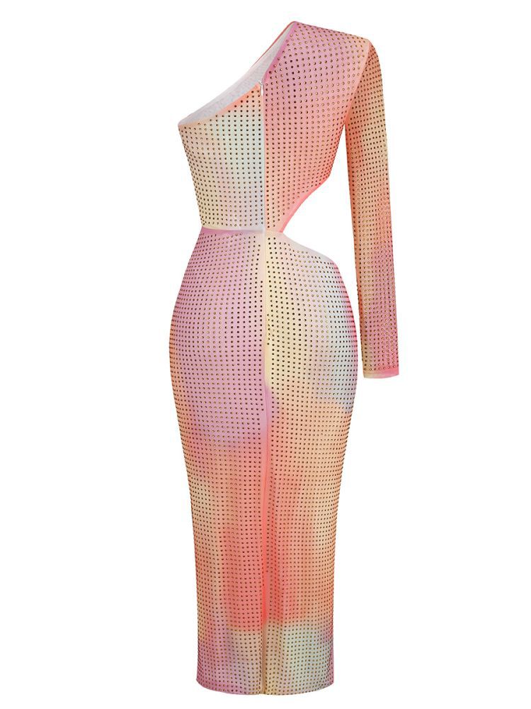 Diagonal Shoulder And Waist Revealing Colored Dress With Slit And Buttocks Wrapped