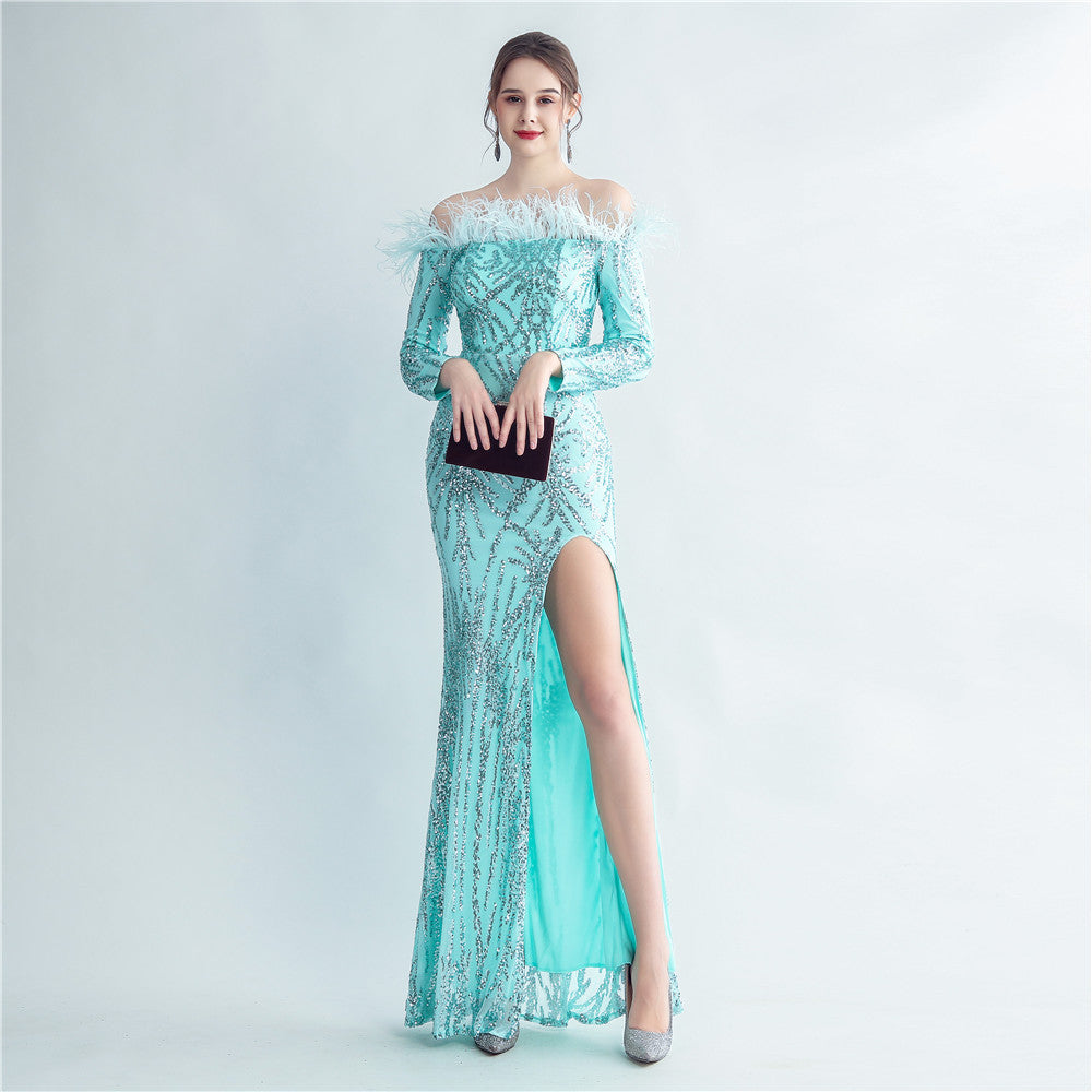 High-density Ostrich Feather Sequins Off-shoulder Long Sleeve Fishtail High-end Evening Dress