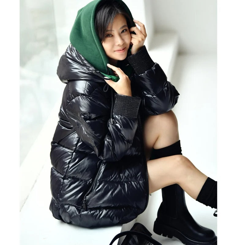 Contrast Stitching Fake Two-piece Loose And Thickened Bright Hooded Down Jacket