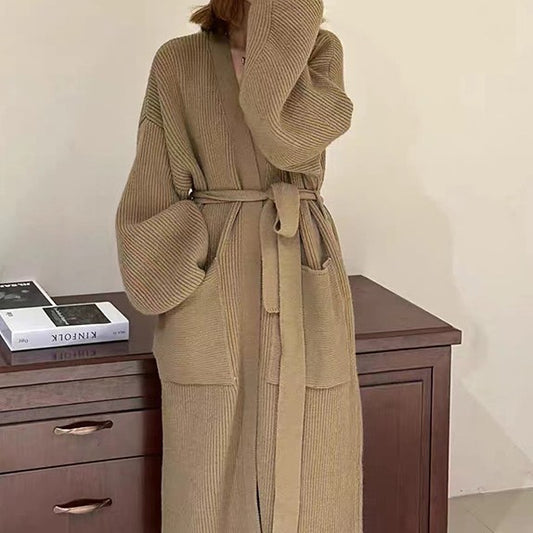 Women's Mid-length Over-the-knee Cardigan Belt Sweater Coat