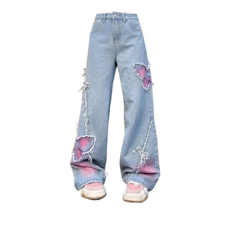 Vintage Butterfly Paste Cloth Embroidery Jeans Straight-leg Wide-leg Pants