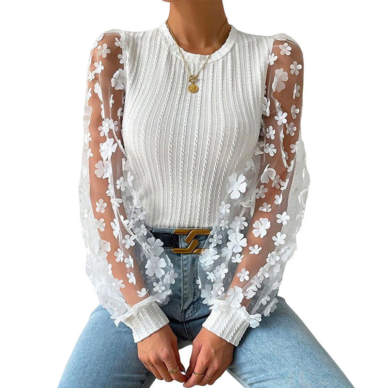 Camisa de gasa con flores pequeñas de malla para mujer Top de manga larga con cuello redondo de verano