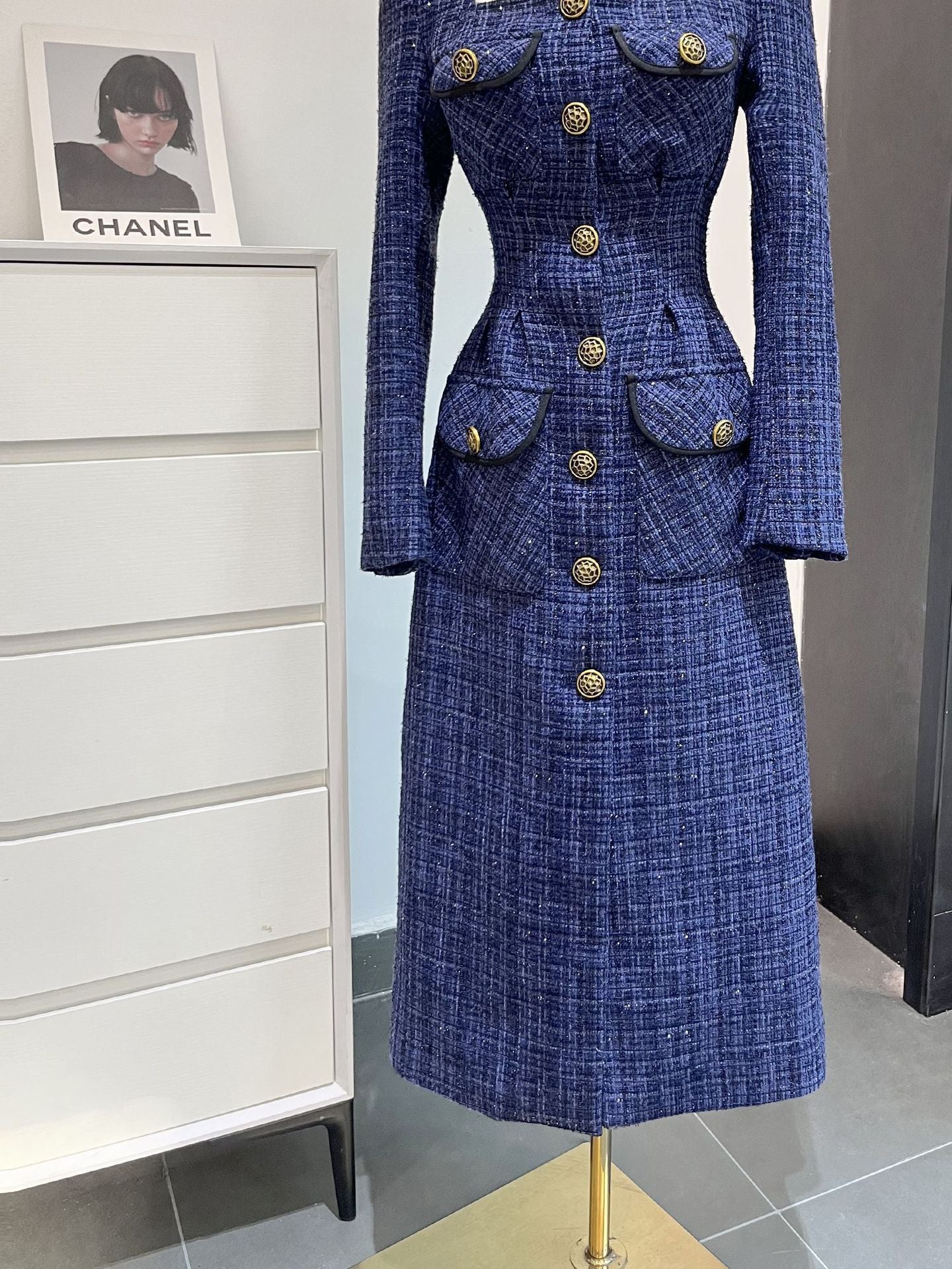 Vestido de alta sociedad con temperamento tejido de tweed francés