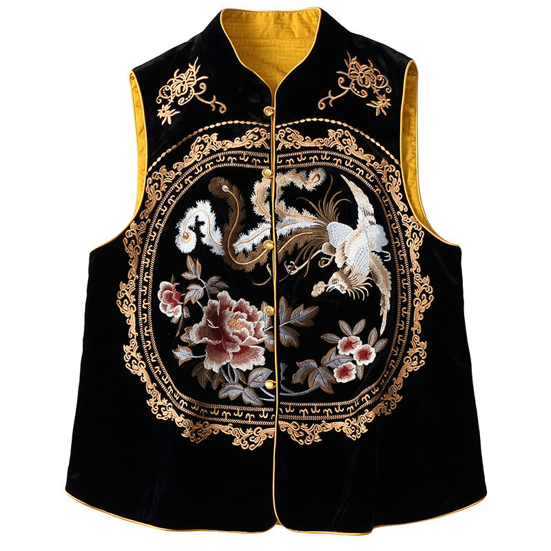 Women's Silk Velvet Embroidered Vest Sleeveless Stand Collar Tangzhuang Top