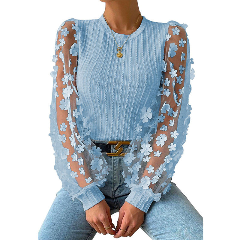 Camisa de gasa con flores pequeñas de malla para mujer Top de manga larga con cuello redondo de verano