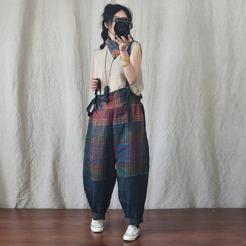 Fashion Patchwork Linen Leisure Suspender Pants