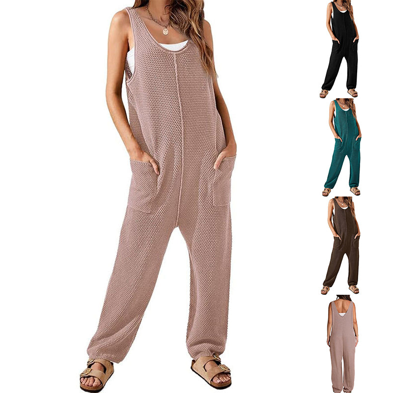 Women's Waffle Jumpsuit Casual Loose Sleeveless V Neck Jumpsuit Double Pocket Cargo Pants