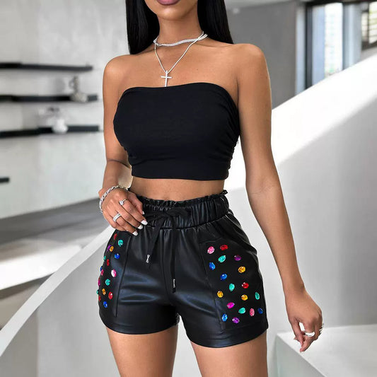 Women's Color Rhinestone Pu Shorts