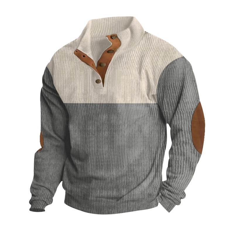 Sudadera informal de manga larga con cuello levantado y botones para hombre, Tops holgados con diseño de bloques de colores a la moda