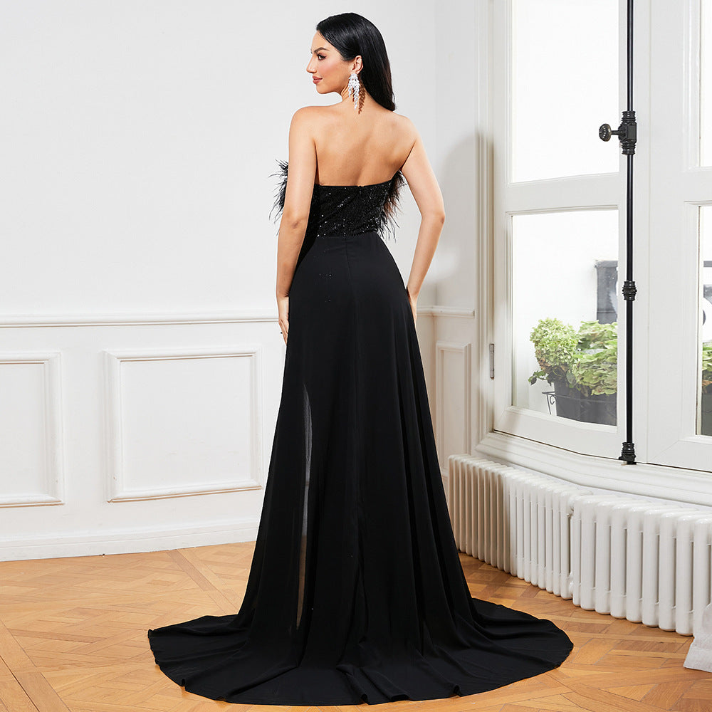 Robe de soirée longue à paillettes, tempérament européen et américain, sans manches, enveloppée sur la poitrine, dos nu, pour Banquet