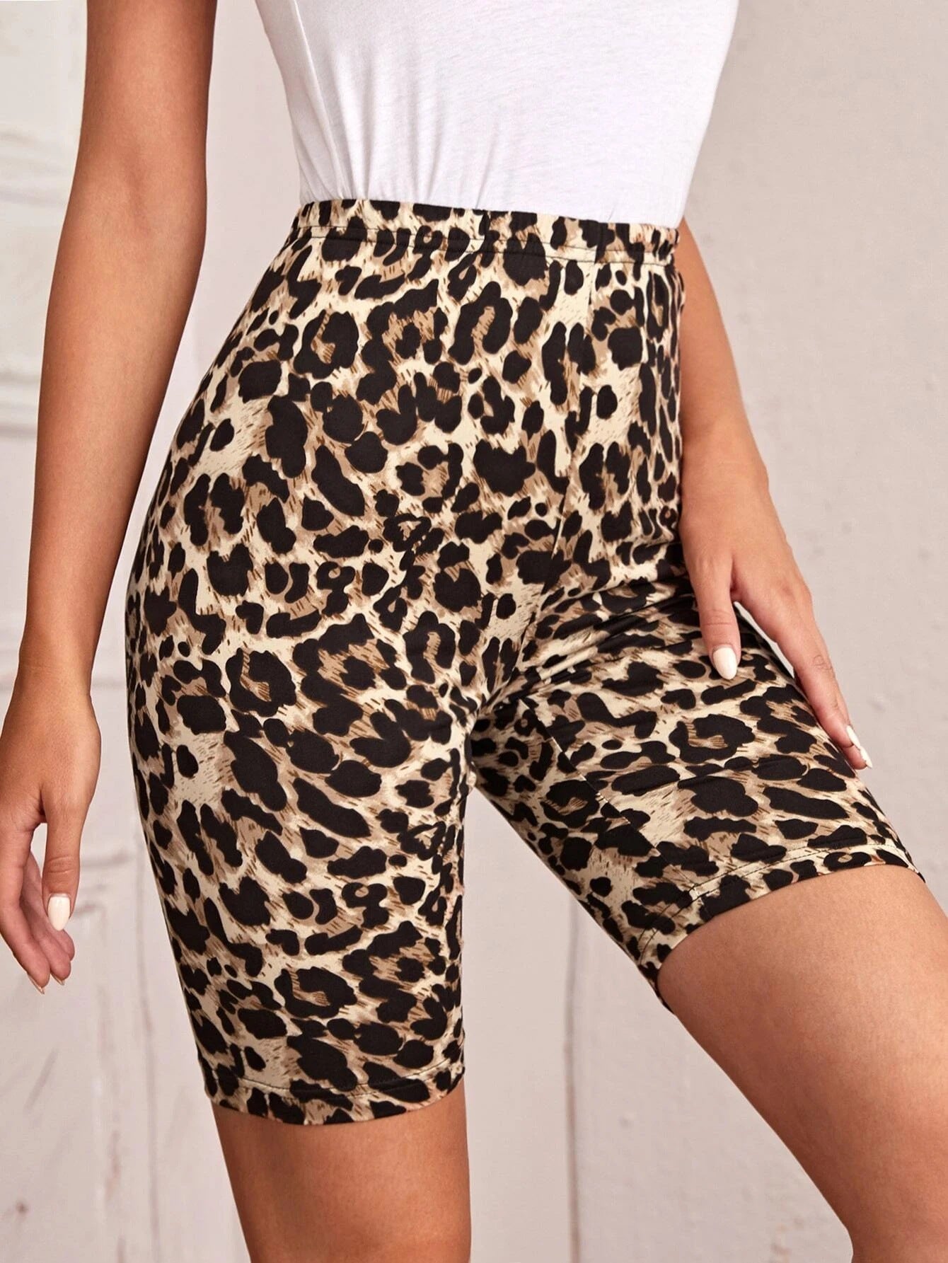 Pantalones cortos ajustados con estampado de leopardo de cintura alta Leggings elásticos delgados