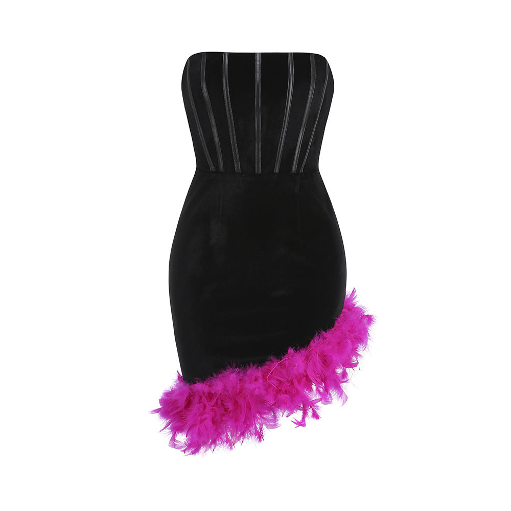 Robe de soirée en forme d'arête de poisson, ceinture Sexy pour femme, plumes irrégulières