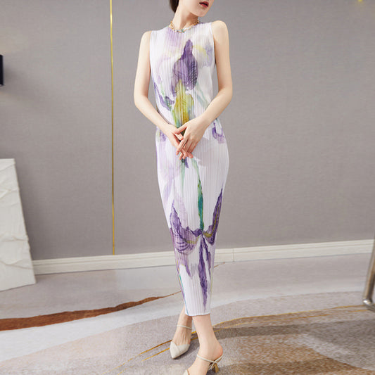 Fashion High-end Pleated Sleeveless Printed Straight Retro Dress