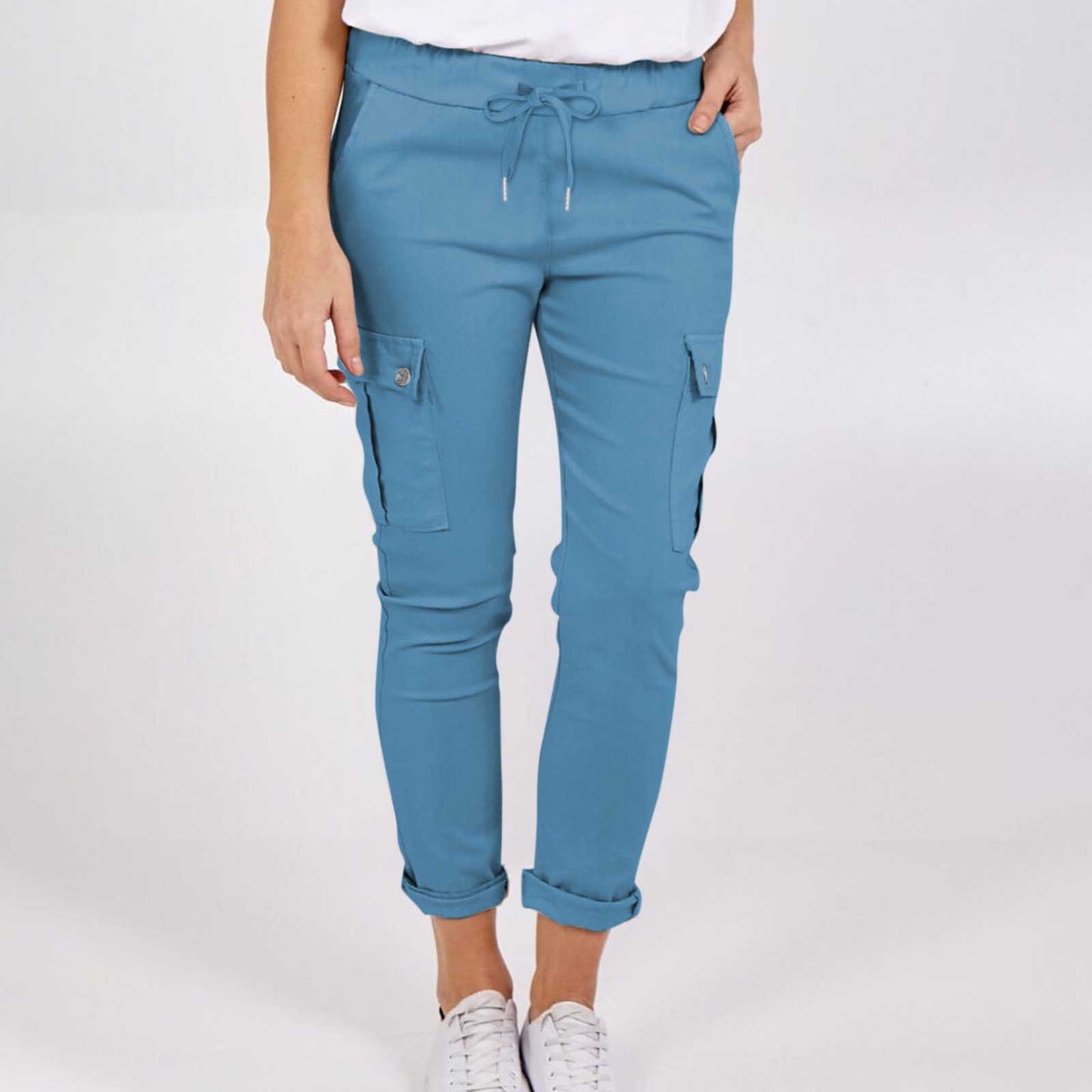 Pantalones cargo casuales con bolsillos Pantalones lápiz de cintura con cordón de color sólido para mujer