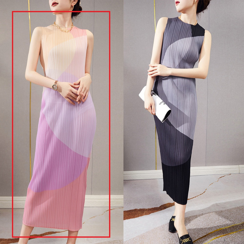 Fashion High-end Pleated Sleeveless Printed Straight Retro Dress