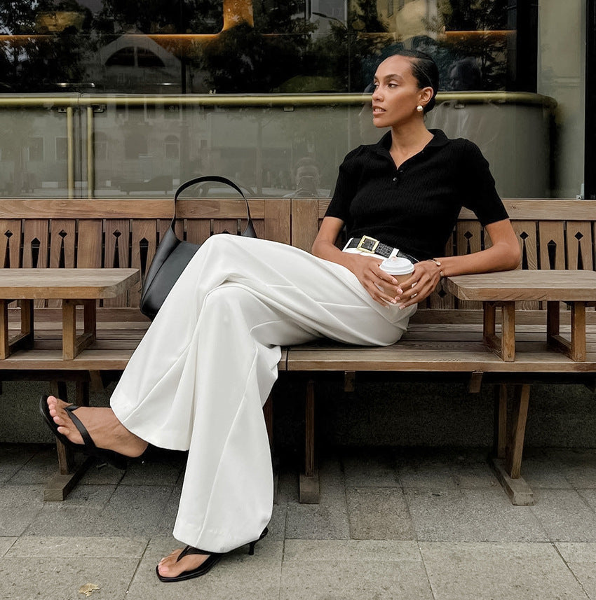 Pantalon blanc taille haute, pantalon décontracté ample à la mode