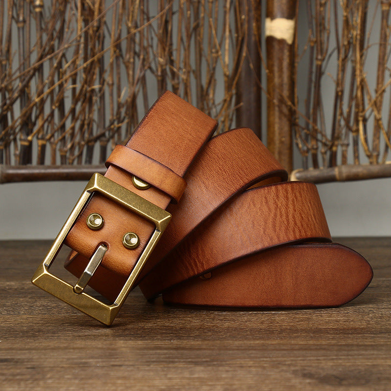 Thick First Layer Cowhide Brass Buckle Belt For Men