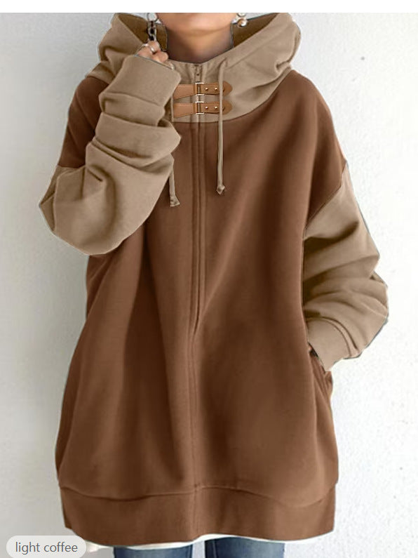 Women's Patchwork Color Loose Hooded Long-sleeve Zipper Sweater