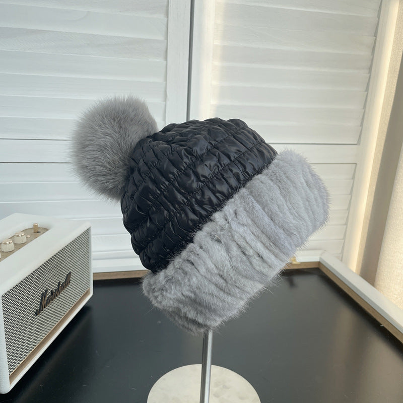 Winter Warm Mink Fur Woven Mink Fur Cap Women's Cute Fox Fur Ball Down Cotton Ear Protection Fur Hat