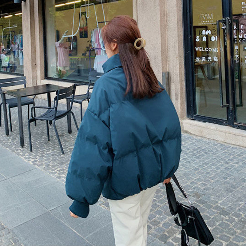 Abrigo de pan estilo Ins para mujer, chaqueta holgada y cálida con cuello levantado de Color sólido, abrigo corto informal ajustado para invierno