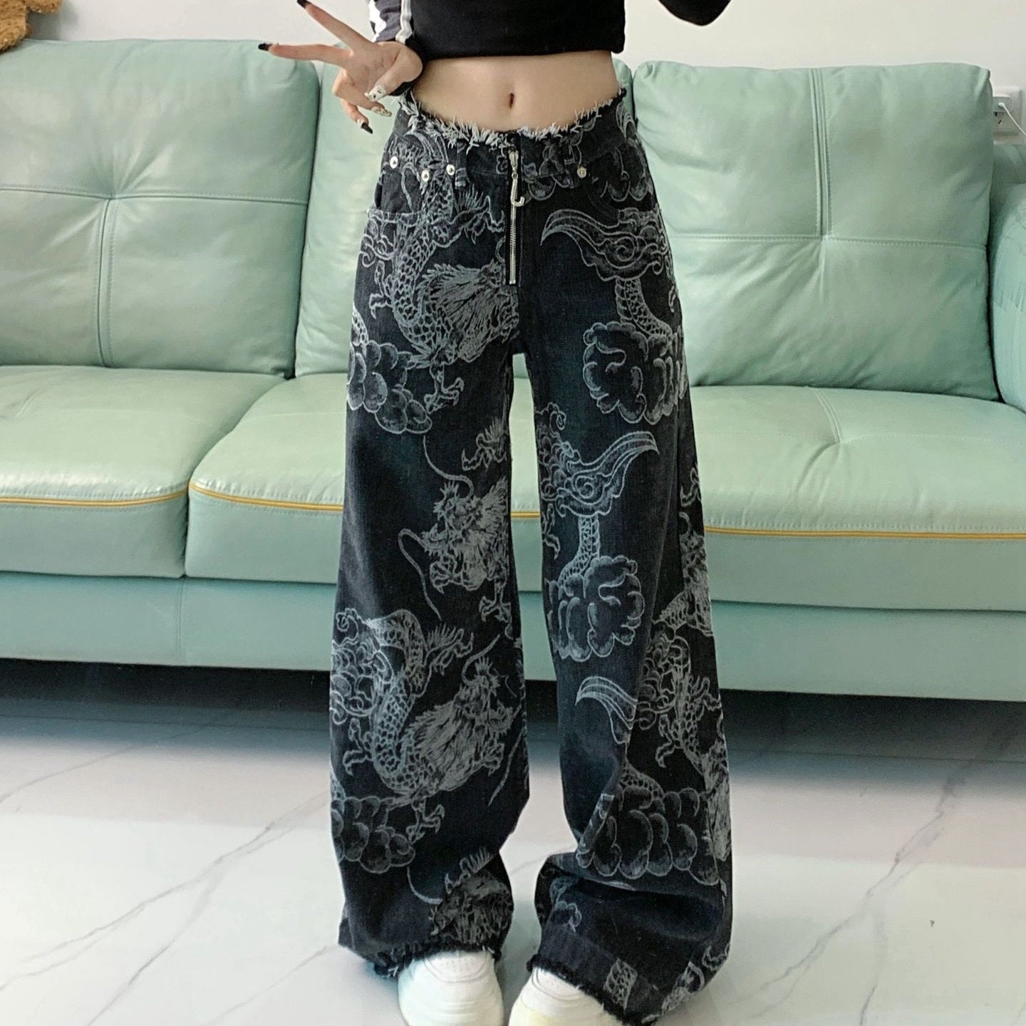 Women's Dragon Print Hip Hop Jeans