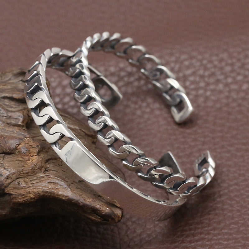 Women's S925 Sterling Silver Retro Opening Distressed Simple Bracelet