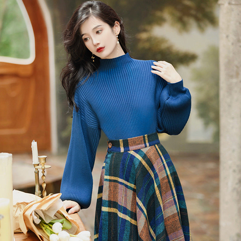 Autumn And Winter New Retro Elegant Blue Turtleneck Knitting Sweater Plaid Skirt Fashion Suit Women