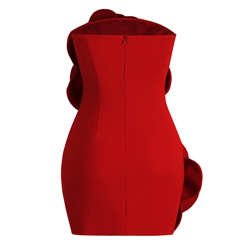 Jupe bustier tubulaire rouge de Style européen et américain, Niche de tempérament, robe à fleurs tridimensionnelle décorative haut de gamme