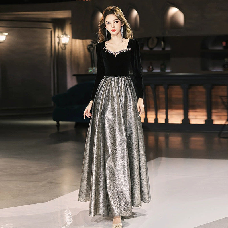 Robe de soirée noire en velours pour femmes, tempérament de Banquet, haut de gamme, luxe léger, haut de gamme, manches longues