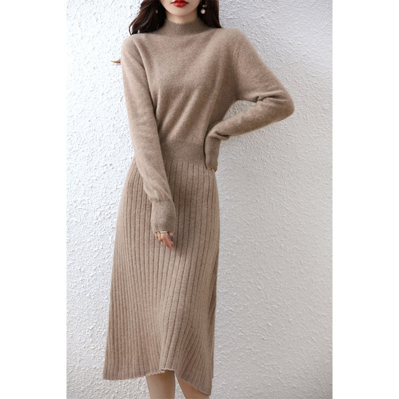 Autumn And Winter New Pure Wool Dress Women's A- Line Style Overknee Mid-length