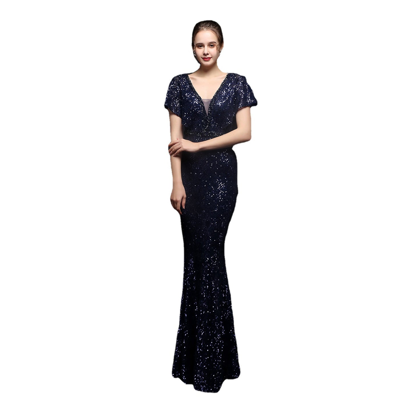 Robe de banquet élégante à paillettes en queue de poisson pour femmes, col en V