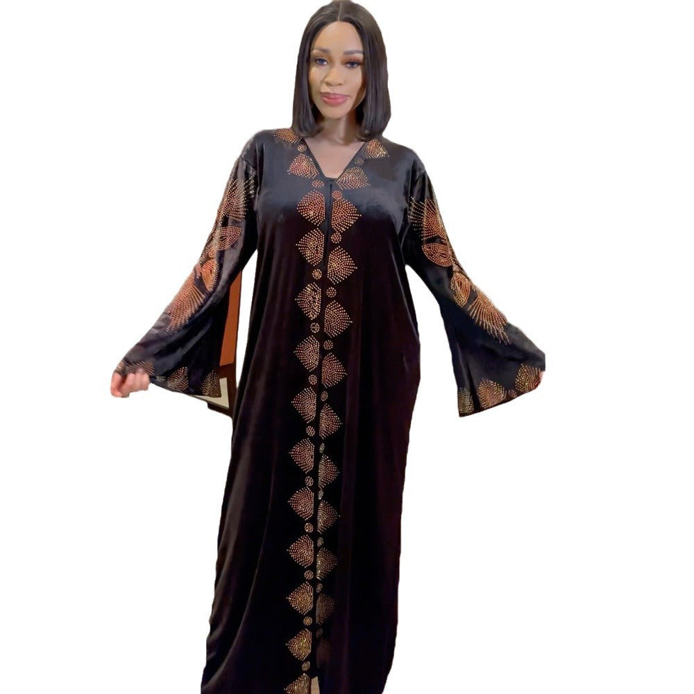 African Women's Wear Dress Fashion Gold Velvet Hot Drilling V-neck Flared Sleeves Robe