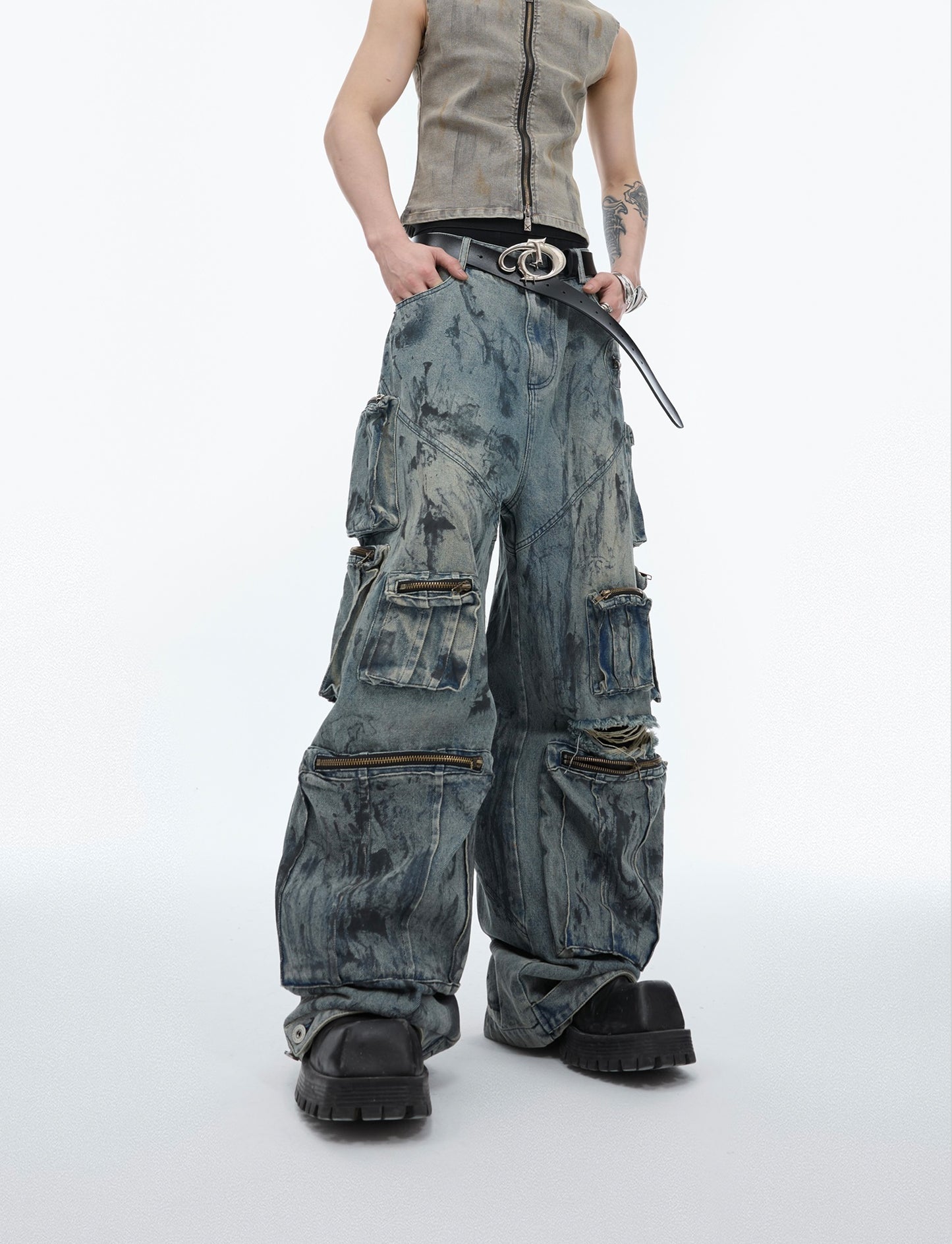 Distressed Multi-pocket Design Jeans Hand-painted Craft