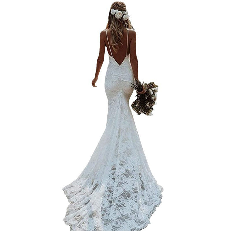 Women's Simple Slim Fit Backless Fishtail Strap Wedding Dress