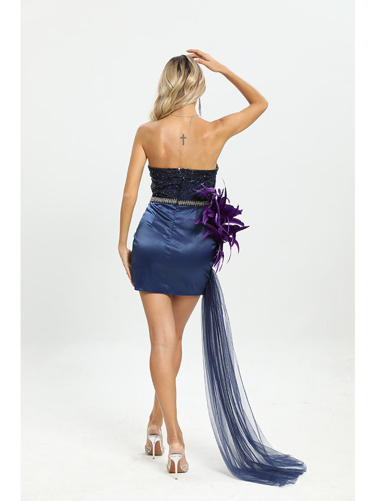 Mode décontracté paillettes violet bustier tubulaire couture robe irrégulière serrée