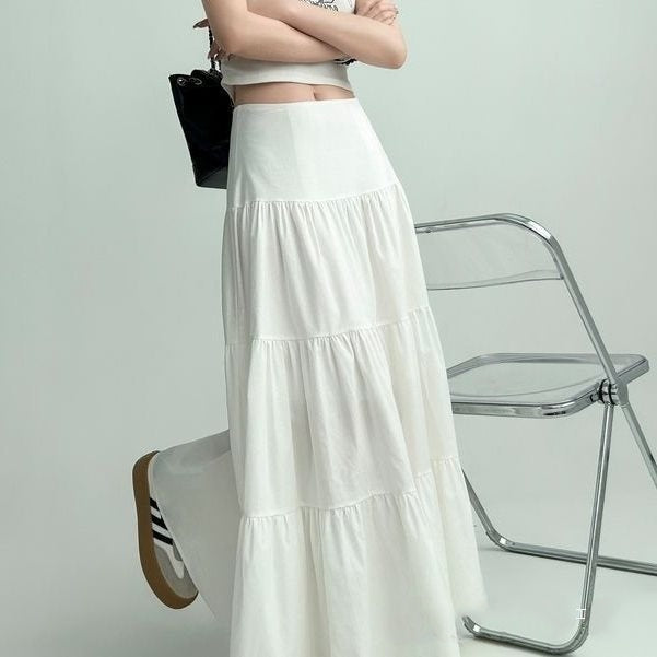 Gentle Cake White Skirt Women's Spring And Summer Big Hem Umbrella Skirt Pleated Slightly Fat Mid-length