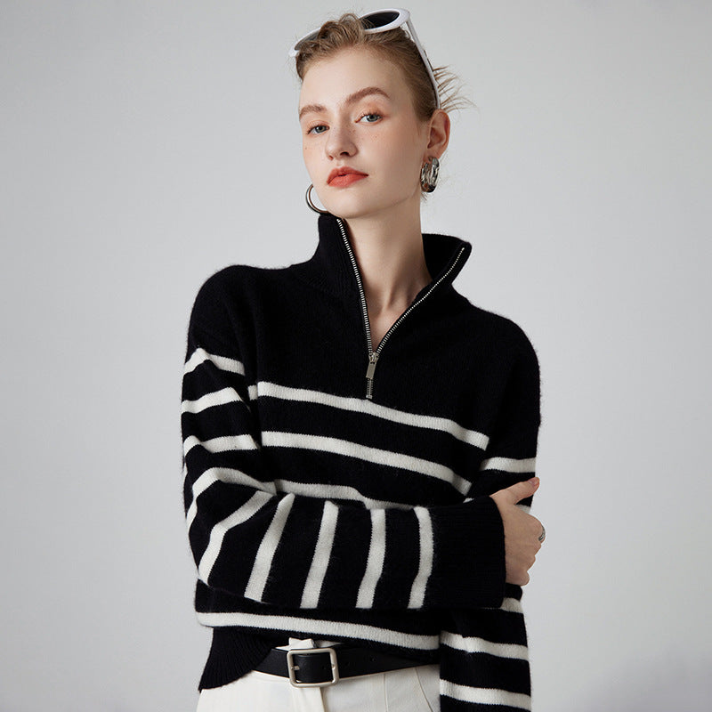 Women's Thick Black And White Striped Zipper Turtleneck Cashmere Sweater