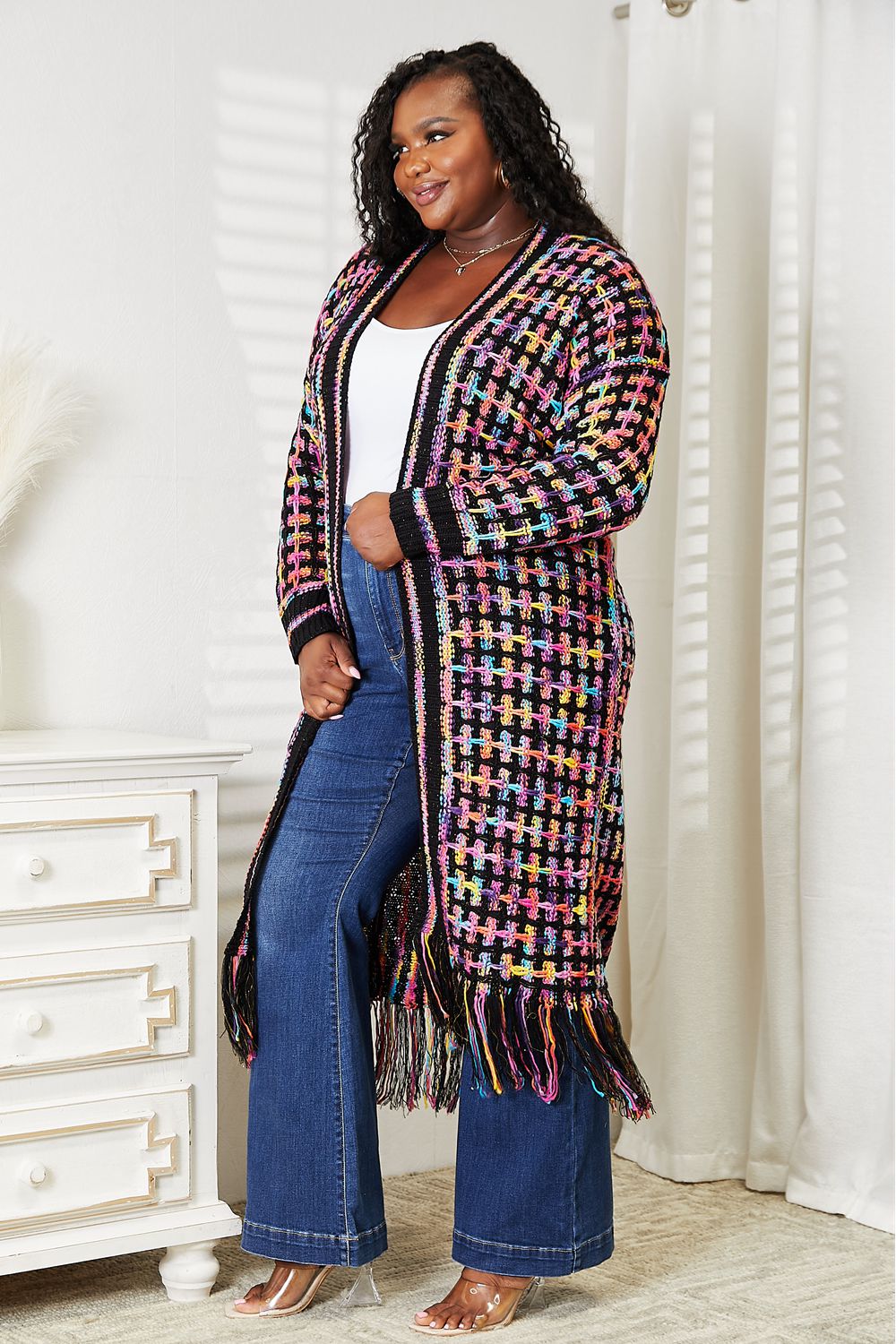 Double Take Cardigan multicolore ouvert sur le devant avec ourlet à franges pleine taille