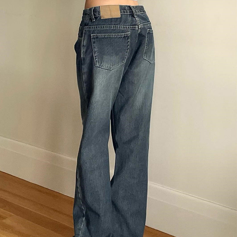 Pantalon en denim à jambe droite pour femme, rétro, ample, à la mode