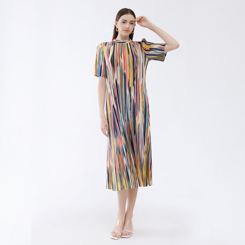 Gentle Personality Camouflage Slim Half Turtleneck Pleated Korean Style Slimming Short Sleeve Dress