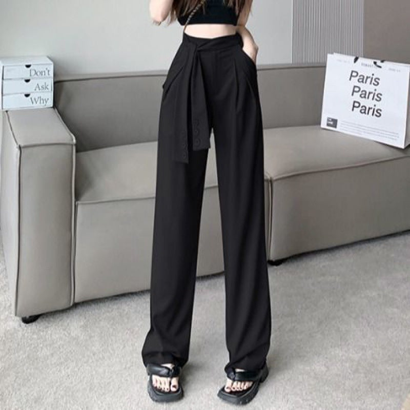 Design Gray Suit Pants For Women Lace-up Drape Wide Leg