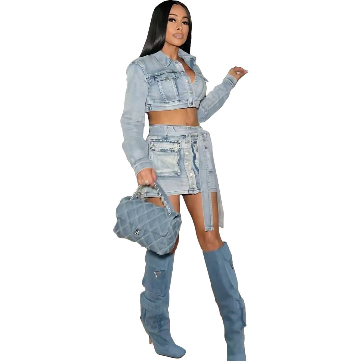 Costume élégant de jupe de manteau en denim lavé multi-poches pour femmes