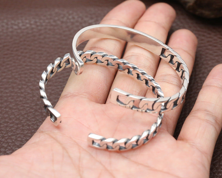 Women's S925 Sterling Silver Retro Opening Distressed Simple Bracelet