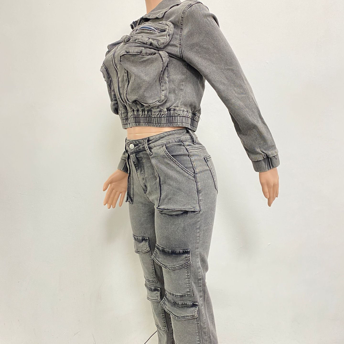 Costume décontracté en Denim délavé multi-poches pour femmes, ensemble deux pièces Sexy et très extensible