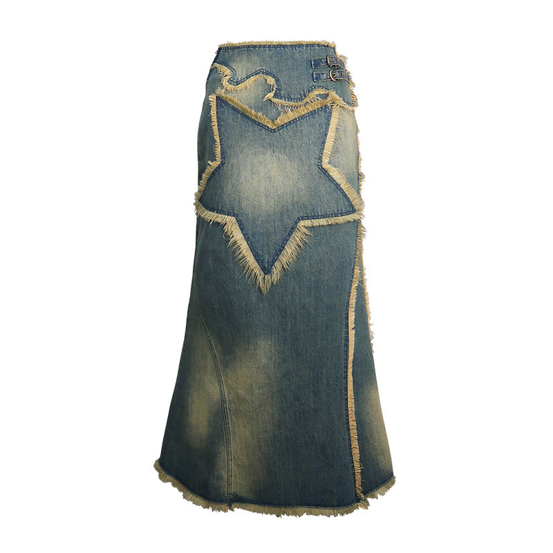 Women's Asymmetrical Vintage Star Denim Long Skirt