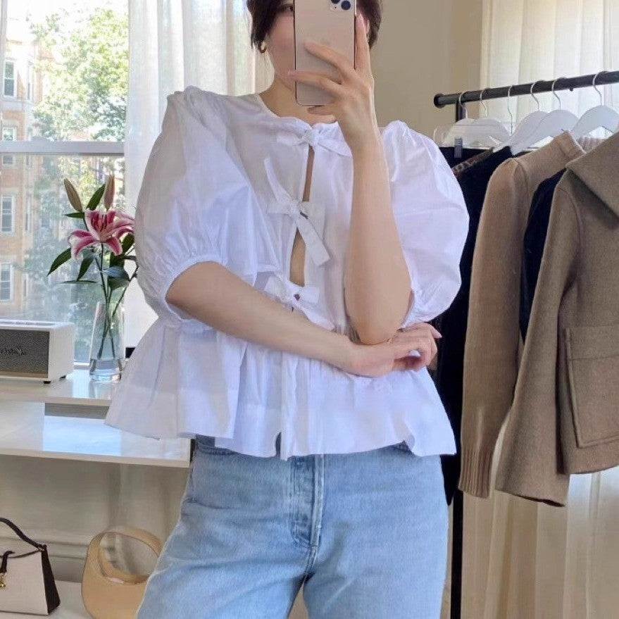 Women's Sweet Round Neck Lace-up Bow Tie Puff Sleeve Solid Color Shirt