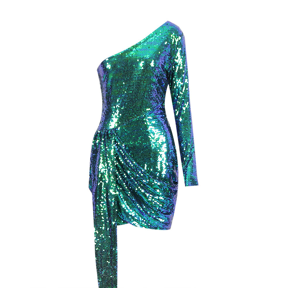 Women's Sequined One-shoulder Dress For Banquet Host Annual Meeting